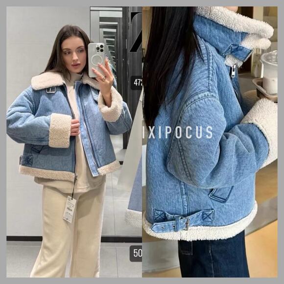 ZARA NEW FAUX SHEARLING BIKER JACKET MOTO DENIM BLUE M MEDIUM 3548/250 - Picture 2 of 16